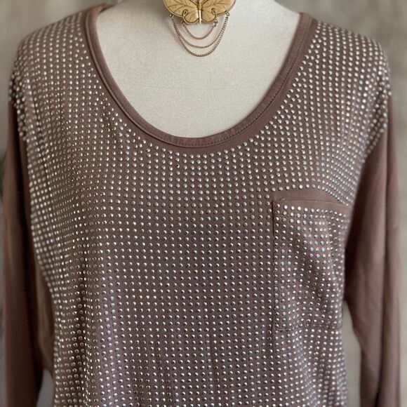 Alberto Makali Tan Stretchy Long Sleeve Rhinestone Shirt Glam Bling‎ Size M - Picture 6 of 8